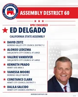 The Republican Party of Riverside County's Assembly District 60 endorsements with Ed Delgado, listing David Zeitz for Moreno Valley City Council, District 2.